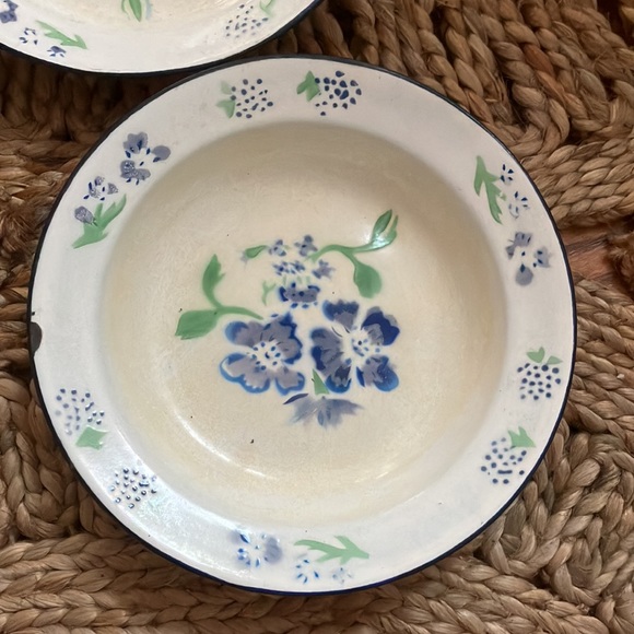 April Cornell Distress Floral White Enamel Basin Bowl w/Blue Rim set of 2 - Picture 3 of 7